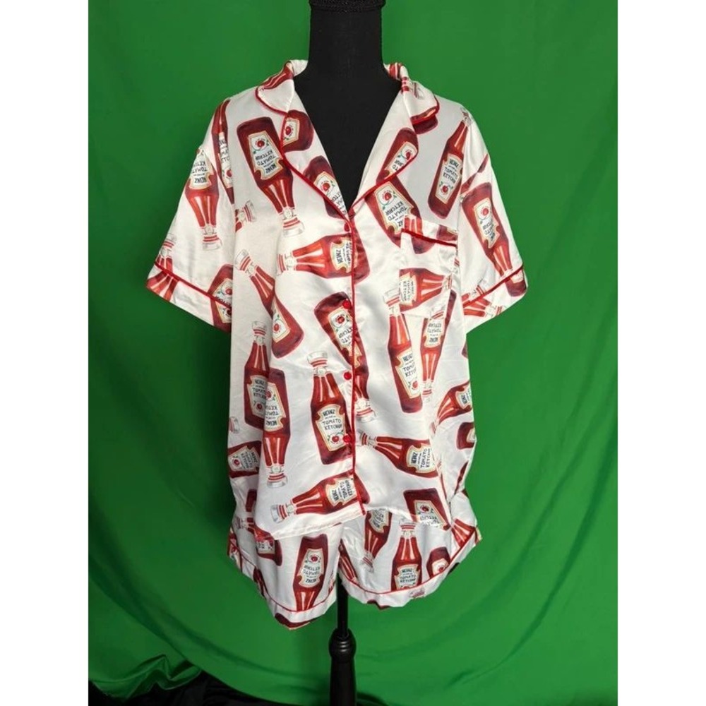 SHESHOW Heinz Ketchup Pajama Set Womens XL Satin Shirt Shorts 2 Piece NWT
